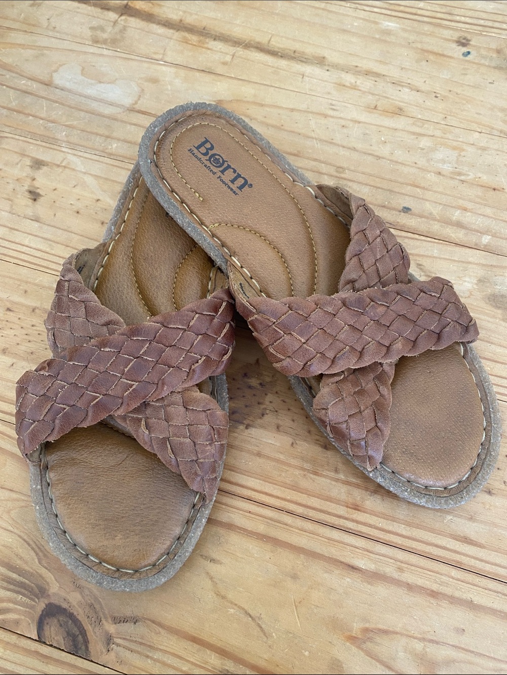 Born Braided Leather Slide Sandals in Tan Brown